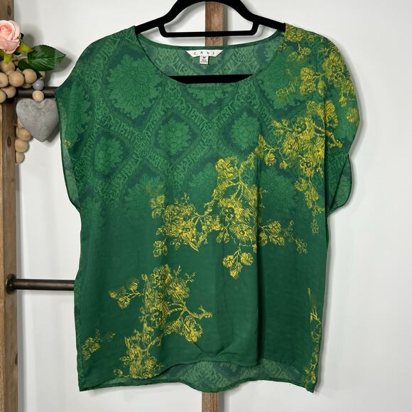Cabi Style 597 Green Envy Medallion Yellow Floral Cap Sleeve Blouse Size Medium - Picture 2 of 7